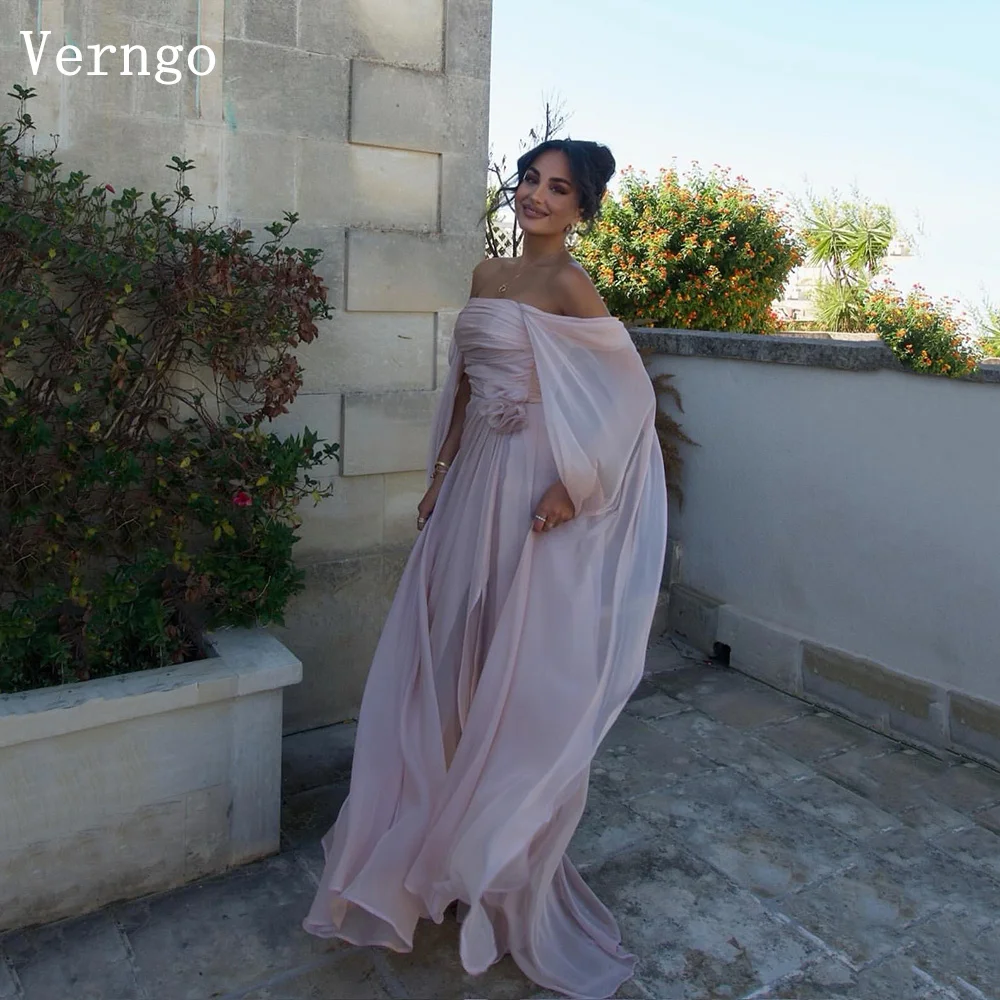 Verngo-vestido de noche de gasa rosa rubor con hombros descubiertos, línea A, vestidos para ocasiones formales, elegante vestido de graduación personalizado