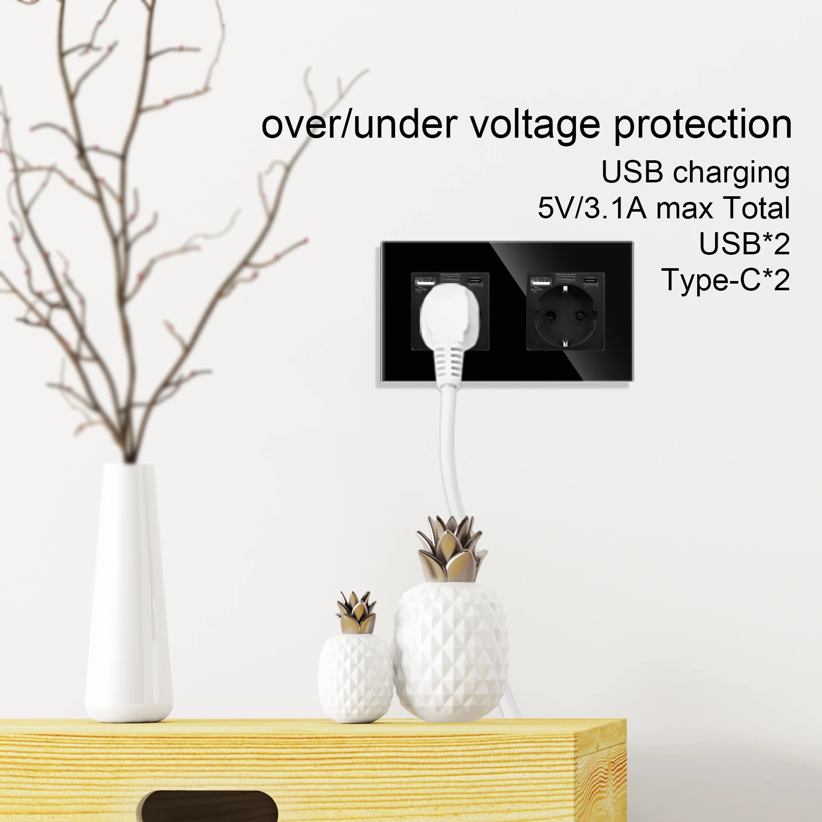 Bingoelec EU Power Socket Electrical Outlets with USB Type-C Phone Fast Charger Port 3.1A 20W Wall Schuko Crystal Glass Panel
