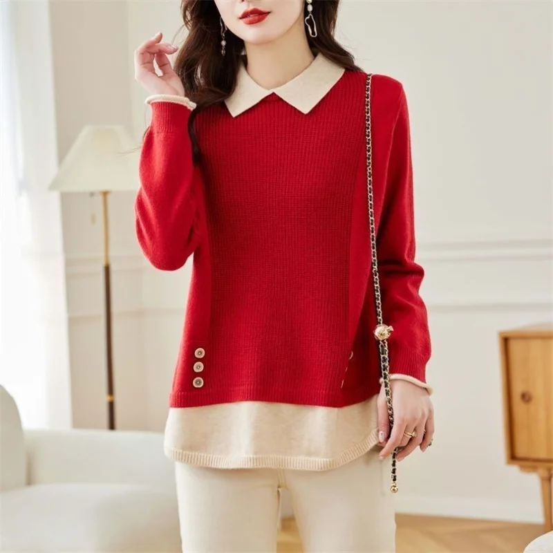 

Поддельный свитер из двух частей, вязаный вязаный свитер с лацканами в западном стиле, новинка 2025, уменьшающий возраст свободный низ, топ