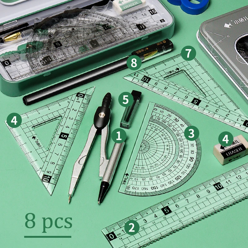 8 Pcs Mathematical Rulers Set Multi-Function Professional Compass Ruler Drawing Tools School Supplies Students Stationery 2288