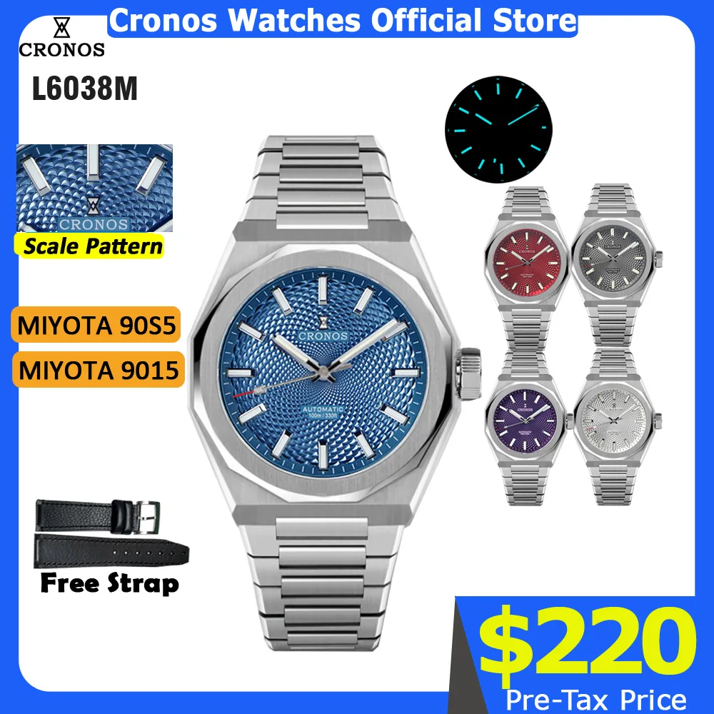 

Cronos Luxury Men Watch 39mm Automatic Miyota 9015 90S5 Wristwatches Sapphire 10ATM See-through Back L6038M