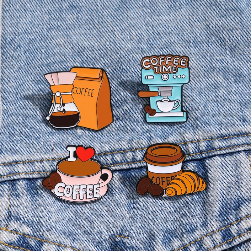 

I Love Coffee Enamel Brooch Coffee Bean Lapel Pins Croissant Coffee Machine Bag Creative Coffee Metal Badge Jewelry Friend Gift