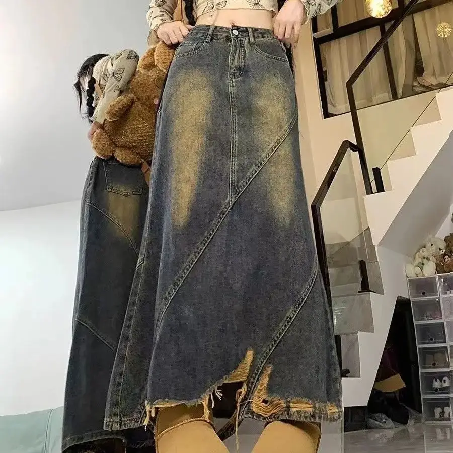 

Raw Edge Ripped Denim Skirt Women 2024 Autumn New Retro High Waist Niche Design Mid-Length A-Line Hip Skirt