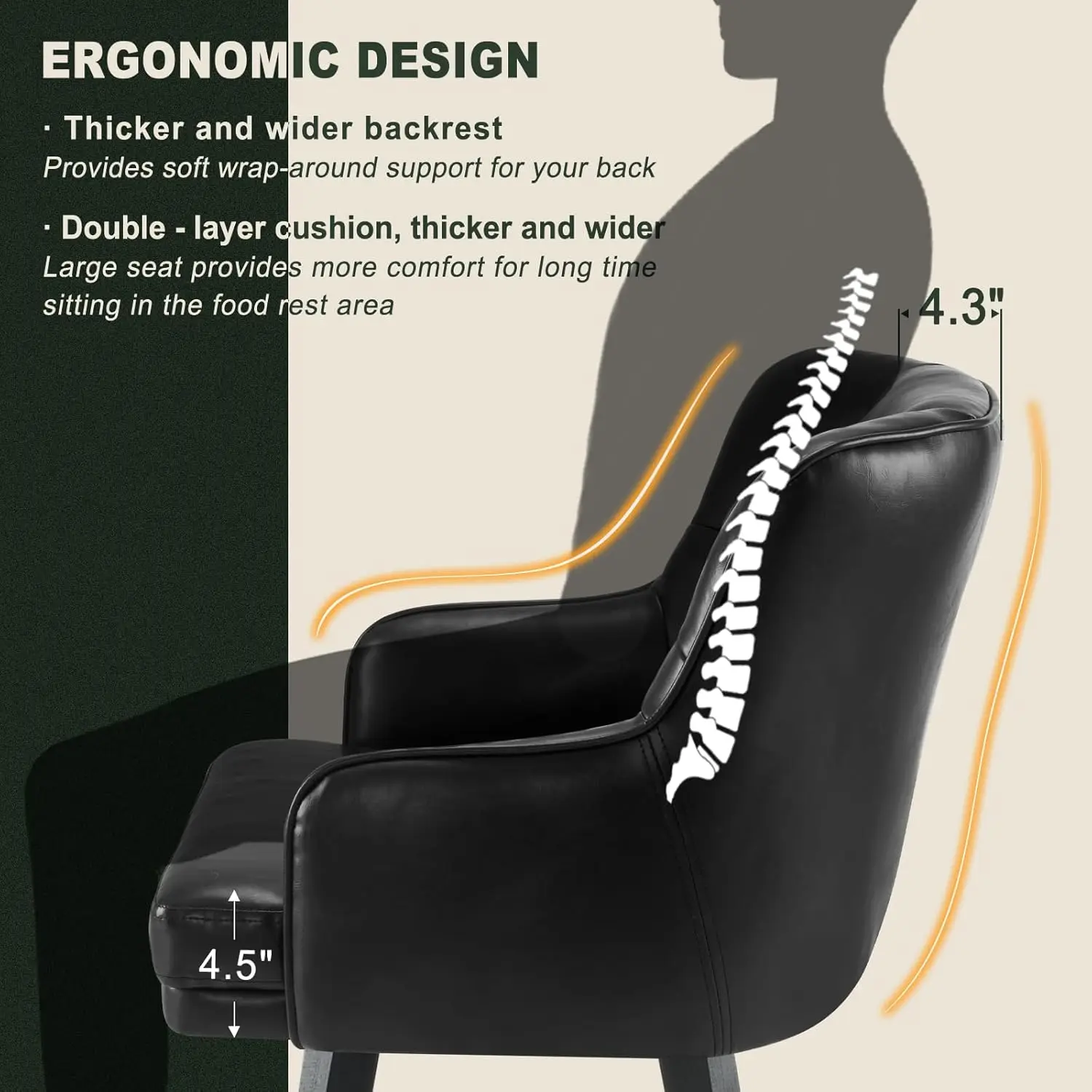 360 ° مقاعد بار ذات ارتفاع دوار مع ظهر، أرجل خشبية صلبة مقاس 26 بوصة، مقعد بار كراسي جزيرة المطبخ الحديثة، جلد صناعي (B)