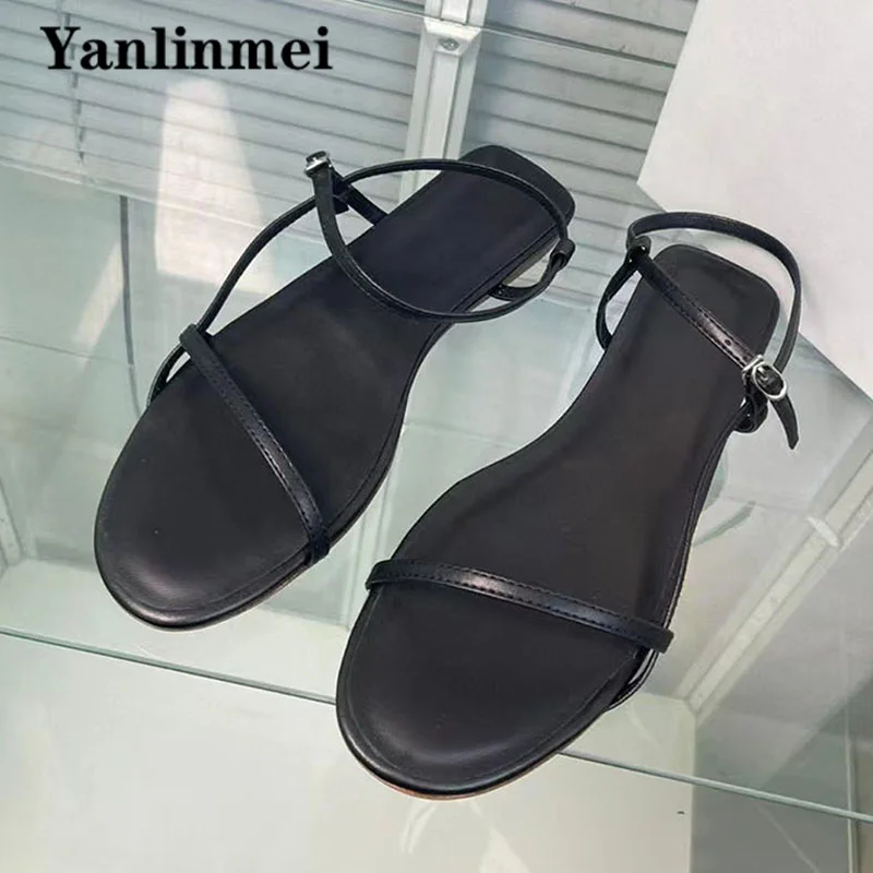 Summer Sandals Woman Genuine Leather Narrow Band Party Shoes Holiday Casual Comfort Flat Sandals Sandals Women Sandalias Mujer