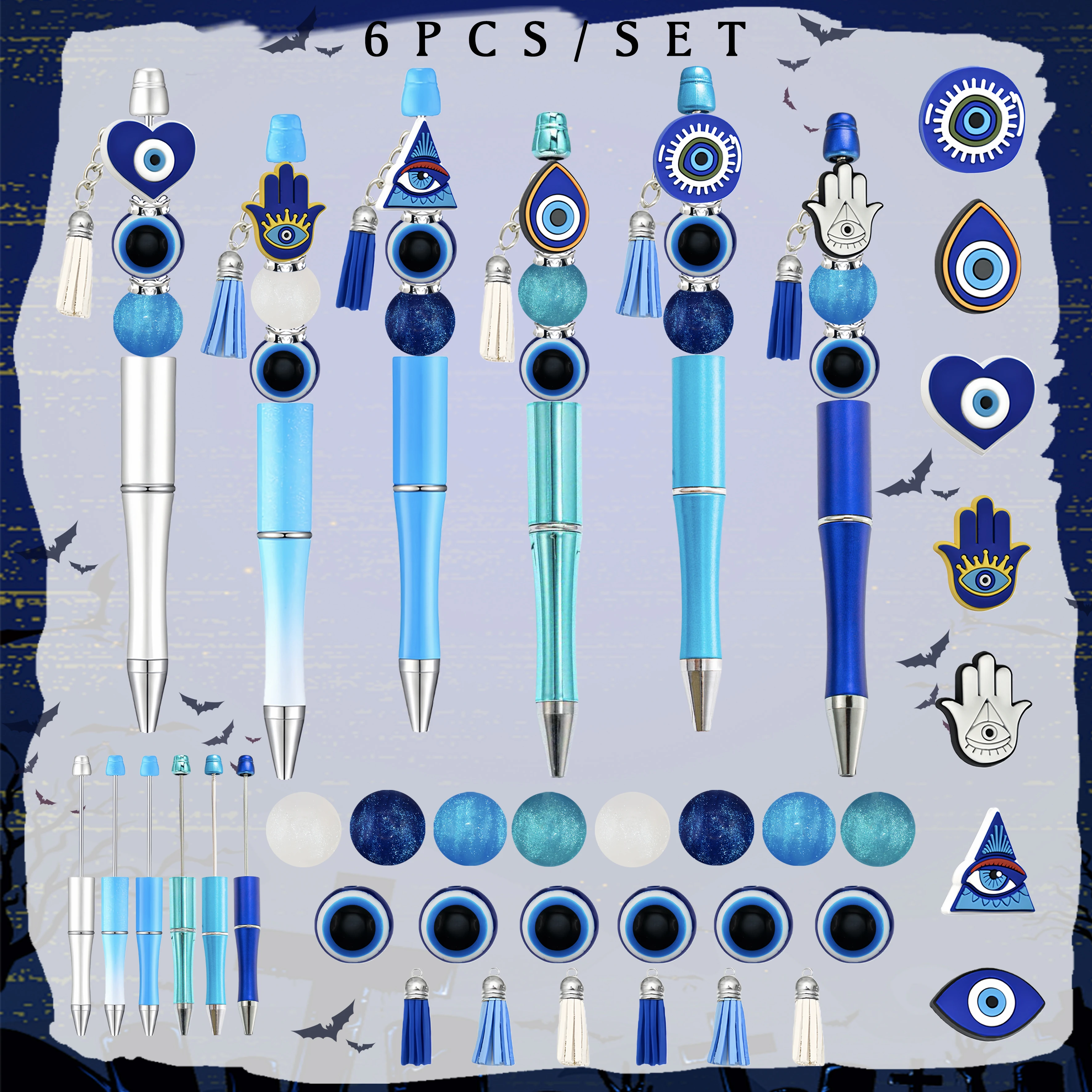 

6PCS Devil's Eye Devil's Eye Theme DIY Bead Pen and Bead Set，Creative stationery DIY production school reward gift