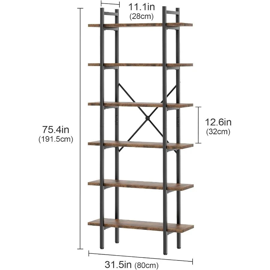 منظم رف كتب على الطراز الصناعي مكون من 6 طبقات مع لمسة نهائية بنية ريفية وإطار معدني لتخزين العرض المفتوح الحديث طويل القامة