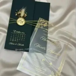 0.5mm Pvc Card Wedding Invitation Gold shiny,Blackish Green Wrapper tied Rope,customized Seal,dry Flower