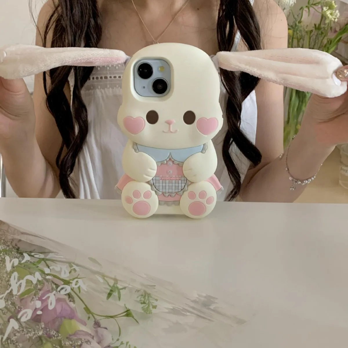 Plush-Eared Pink Rabbit Phone Case for iPhone 17 16 15 14 13 Sweet and Cute Design  Heart-Shaped Rabbit with Fluffy Ears Cover