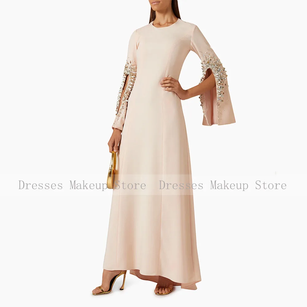 Champagne Wedding Guest Dress Beading Long Sleeves O Neck Elegant Evening Gowns for Women A Line Ankle Length Formal Party Gown image 3