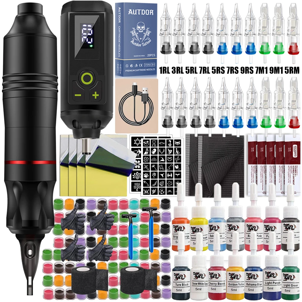 

Полный комплект тату-машины, беспроводная ручка для татуировки, набор с беспроводным источником питания, картридж для татуировки, иглы, аксессуары для чернил