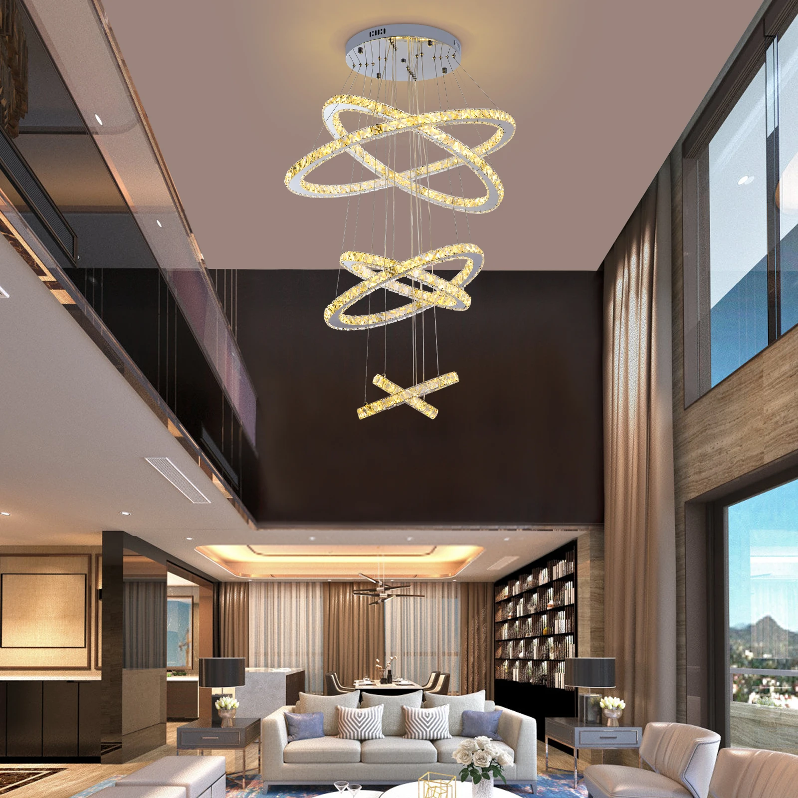 6 -Ring Light LED Tiered Chandelier Ceiling Lamp Crystal Chandelier Stable Chassis 5 Level Efficiency Level for Stairs/Villa Living Rooms/Foyers/Hotels/Lobbies