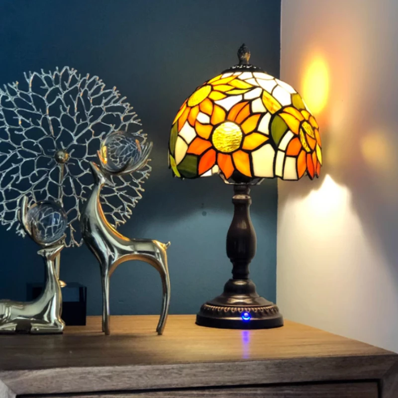 Table Lamp 8 Inches Stained Glass Bedside Lamp Red Rose Desk Reading Light Bedroom Living Room Home Office
