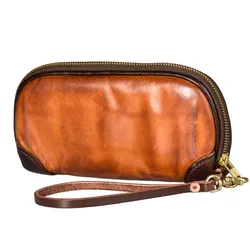 Pochette en cuir véritable naturel de luxe pour hommes, porte-cartes en peau de cercle, portefeuille de poignet de téléphone simple vintage, haute qualité, mode