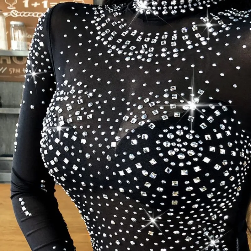 Women's Autumn and Winter New Fashion Elegant Solid Round Neck Rhinestone Mesh Tight Shear Casual Versatile Long Sleeve Bodysuit