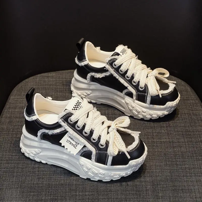 

Casual Thick Bottomed Dad Shoes Real Leather Low Heel round Toe Fashionable Flat Laced Color Block Design for Short Women