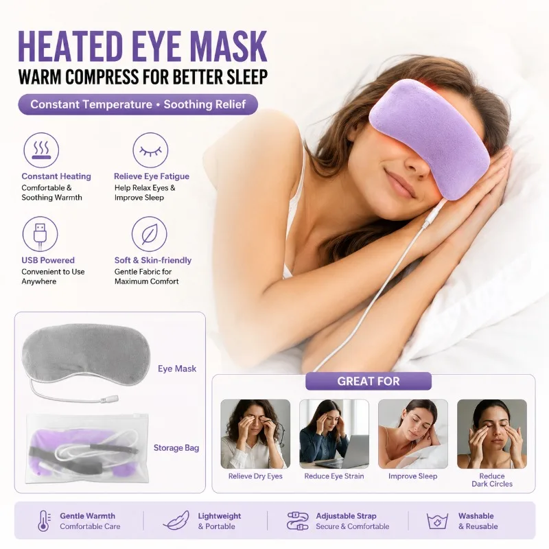 USB Heated Eye Mask Constant Temperature Warm Compress Sleep Eye Cover Soft Washable Relaxation Pad Travel Home Use Blackout