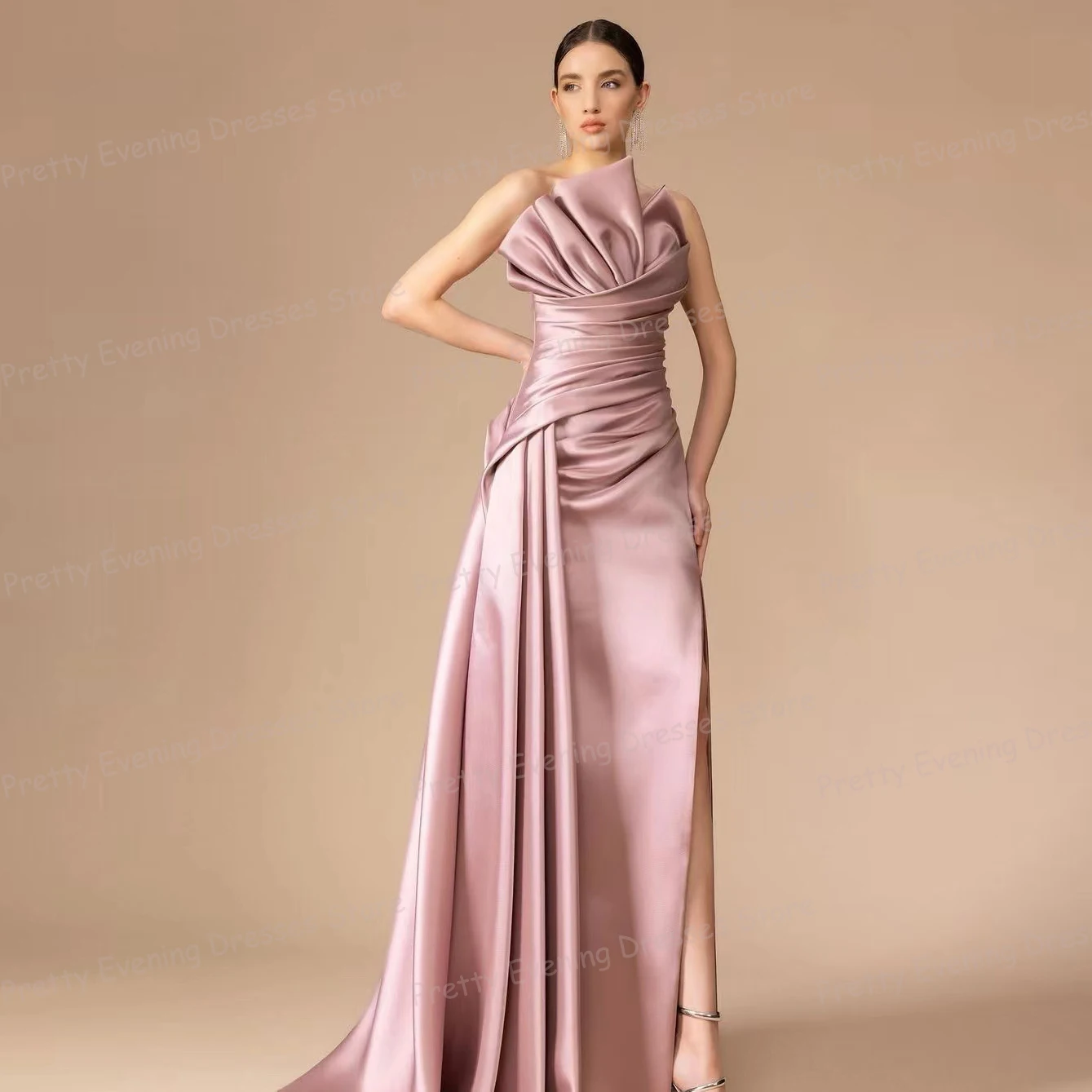 Simple Pleat Satin 2024 Evening Dresses Woman's Sexy Mermaid Sleeveless Prom Growns Side High Split Party Formal Vestido De Gala