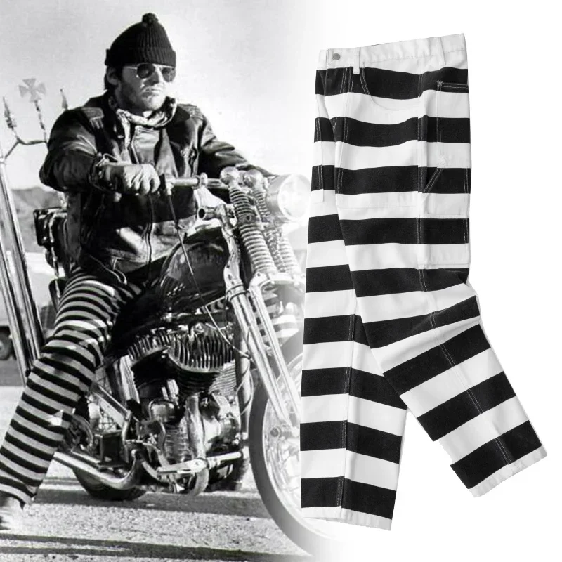 

2025 American Retro 16oz Heavyweight Striped Cargo Pants Men's 100% Cotton Washed Canvas Rock Motorcycle Amikaji Knight Trousers