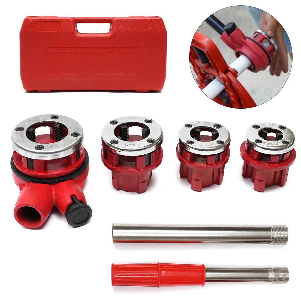 Cncest Pipe Threader Ratchet Type W/ 4 Dies & Pipe Cutter Plumbing Hand Tool Non-slip & Wear-resistant Fit Galvanized Iron Pipe