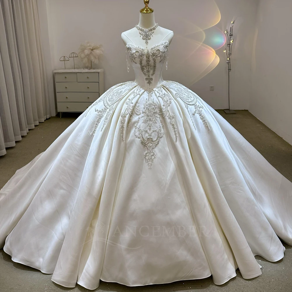 

Customized Ball gown Wedding Dress Lace Sleeveless Plus Size Long Bride Dresses Lace Up Luxury Bridal Gown Vestidos De Novia