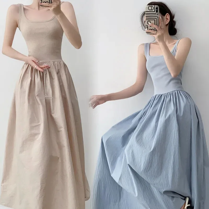 

2025 Summer Womens Long Dresses Fashion Knitted Spliced Sleeveless Suspender Dress Woman Korean A-Line Evening Party Vestidos