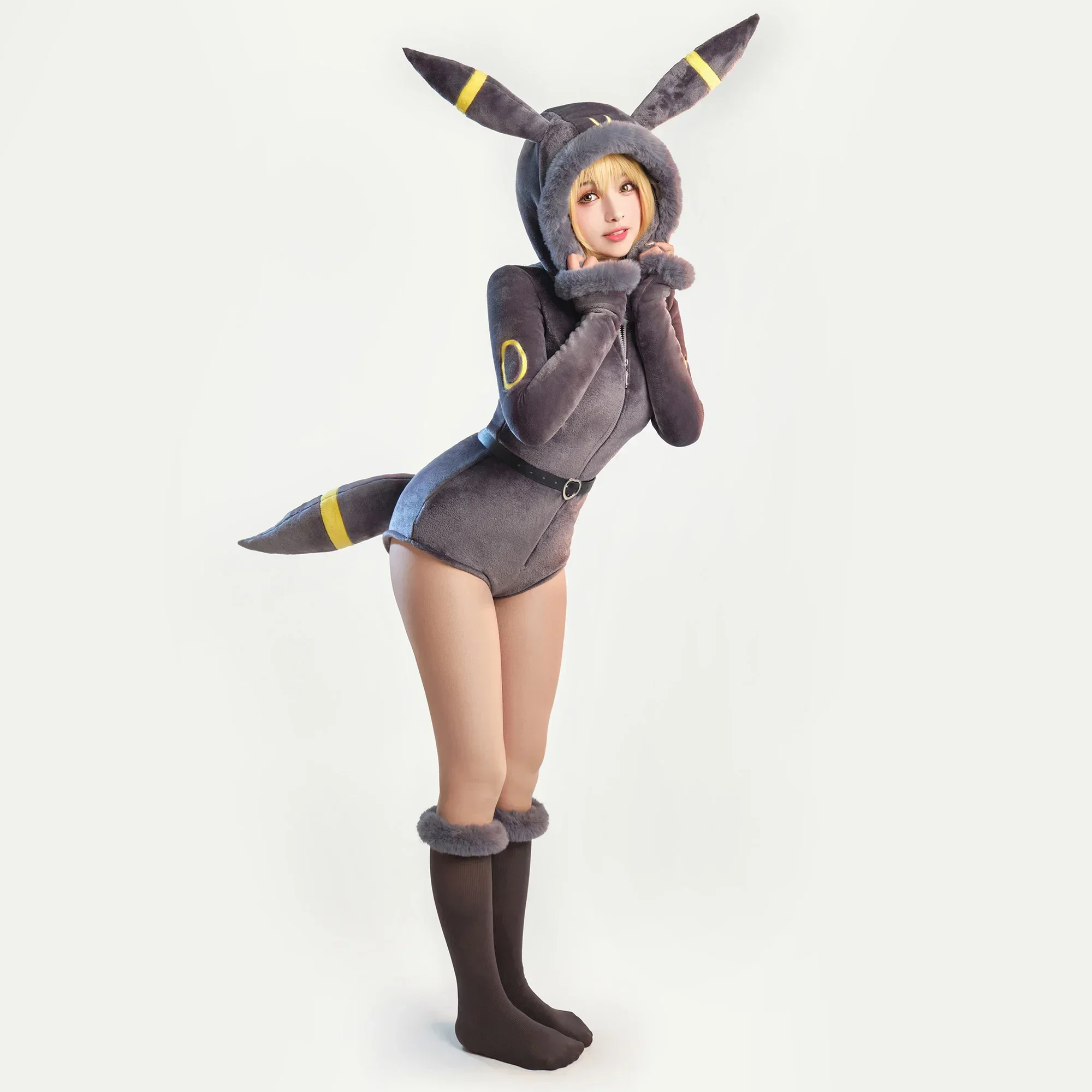 Meowcos Women Genga Cosplay Costume Halloween Purple Ghost Romper Bodysuit Plush Hooded and Socks with Belt and Tail image 2
