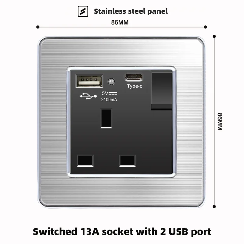 Metal UK Standard Single Twin Socket with USB 3.1A Fast Charge Type C USB Stainless Steel Brushed Panel