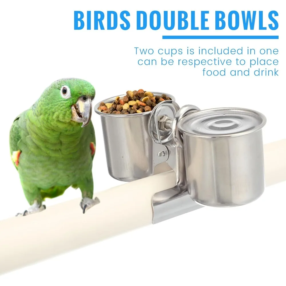 2Pcs Stainless Steel Bird Water Bowl Clip on Parrot Feeding Cups Double Dishes Hanging Food Water Feeder Cage Coop Perch Stand