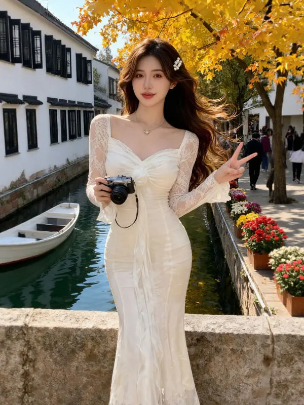 

Длинное кружевное платье-юбка с высокой талией Ele Fi Tail, зимнее, из мягкого хлопка, в стиле Gentle Wind, облегающее, для женщин