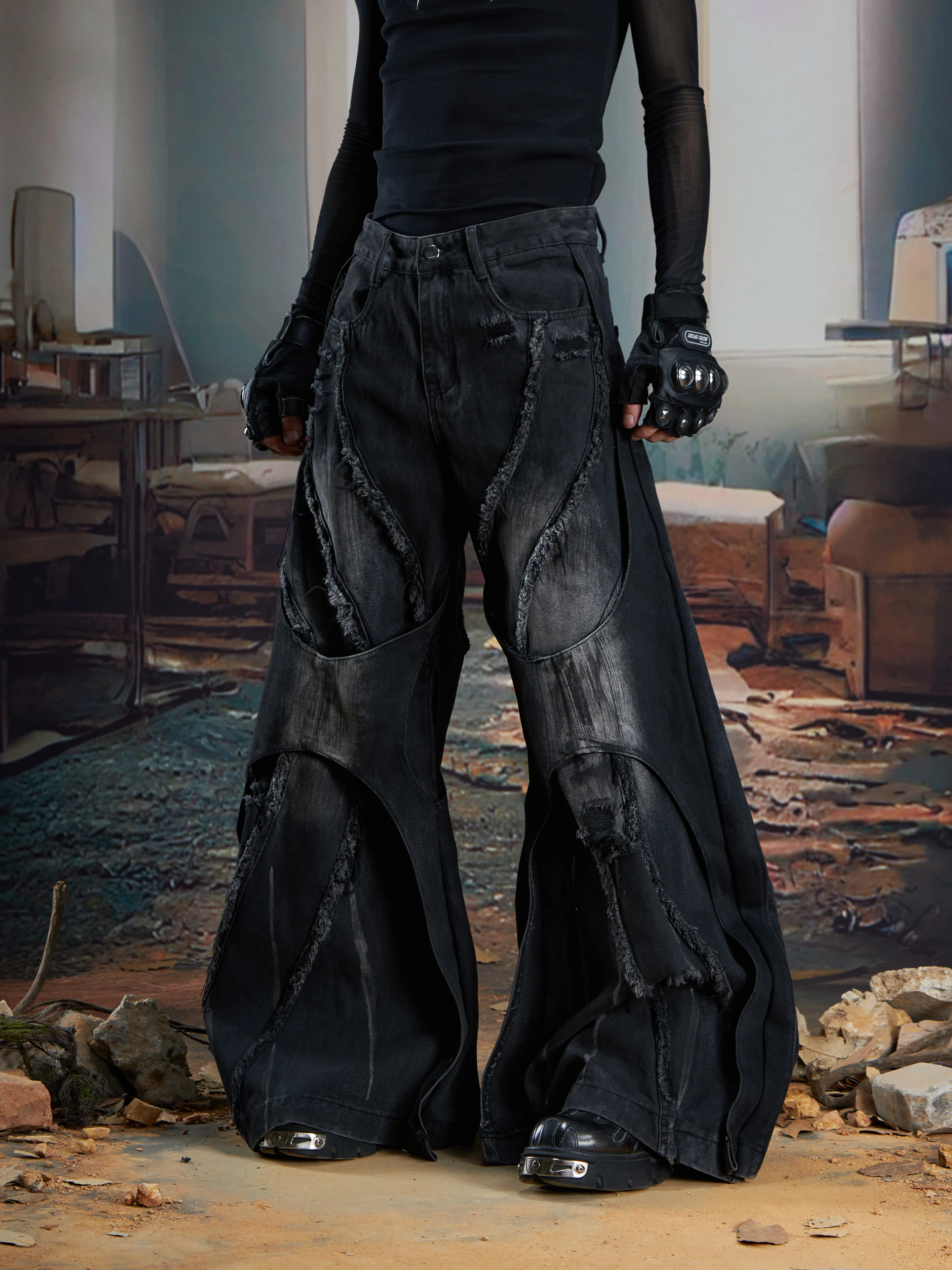 Design Dark Heavy Industry Deconstructs Double-Layer Structure Stitching Wide Leg Loose Burrs Tassels Brushed Jeans