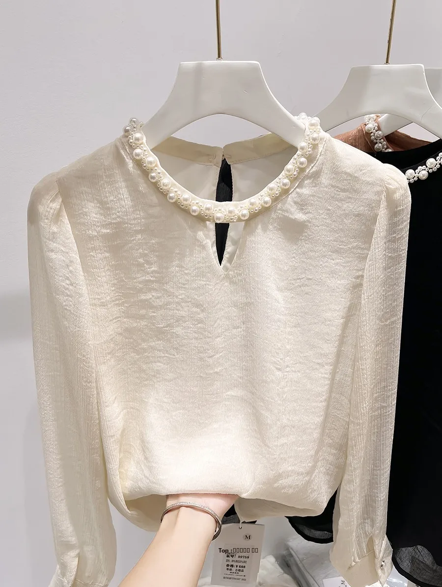 

Женский тонкий топ Ele Round Ne Beaded Long Sve irt, однотонный, осенняя одежда во французском стиле прямого кроя