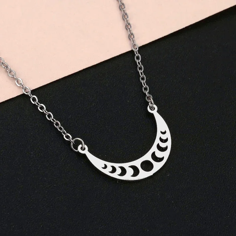 Stainless Steel Phase of The Moon Necklace Pendant Witch Wicca Accessories Daily Wear Jewelry Collar Sweater Decor Chain Craft