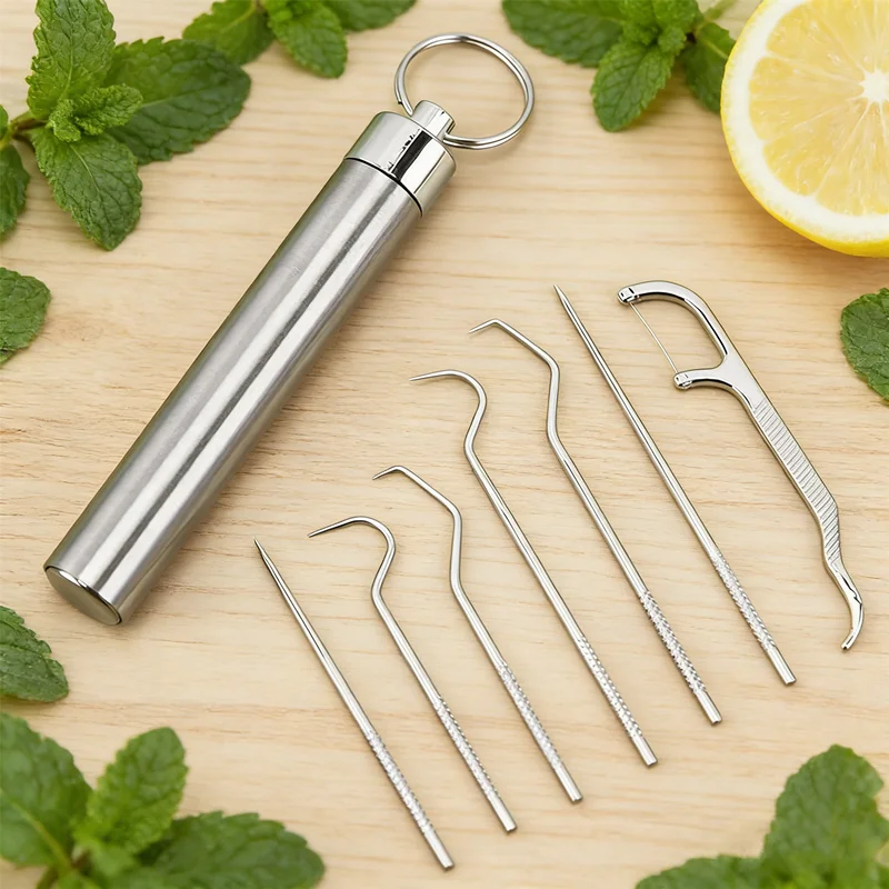 Tragbares Multifunktionales Zahnreinigungsset aus Edelstahl mit Zahnseide Kompaktes Design für Reisen, Restaurantbesuche oder Mundpflege