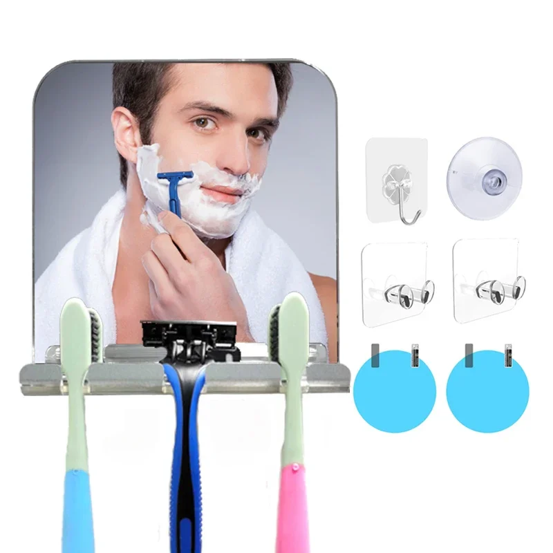 Specchio per trucco antiappannamento in acrilico con portaoggetti Set di aspirazione a parete Strumenti per il bagno Doccia Rasatura Specchio senza nebbia per bagno