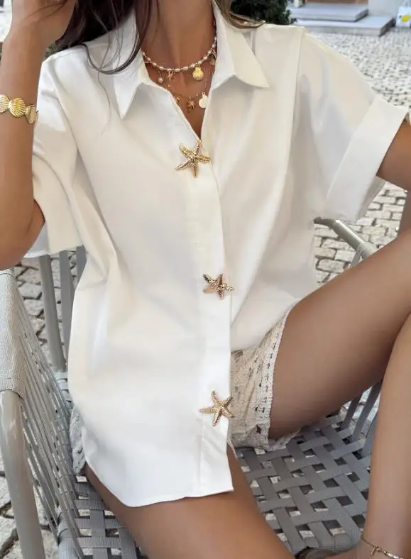 2026 Spring/summer Women's Casual Solid Color Collar Short Sleeved Shirt Top