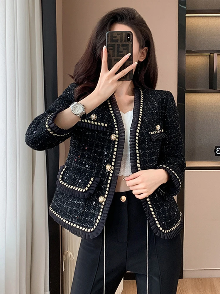 

High Quality New Autumn Black V Neck Long Sleeve Jacket Tops Luxury Women Ruffles Chic Button Pockets Slim Short Coat