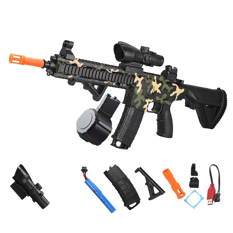 7.4V High-speed Burst M416 Gel Ball Toy Gun With Orange Plug And Double Magazine For Outdoor Interactive Parent-child Games.