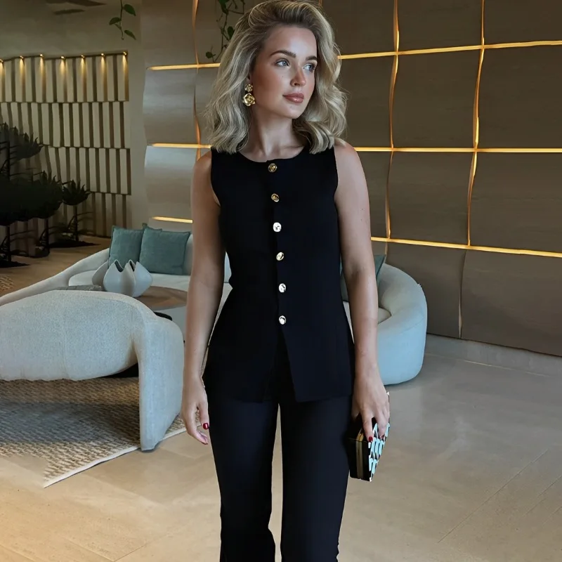 

​​Y2K Metal Buckle Crop Vest Women Split Front Bodycon Sleeveless Spring Summer​​