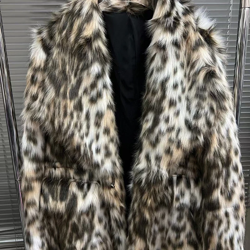 KBQ Colorblock Leopard Printting Temperament Long Trench For Women Lapel Long Sleeve Spliced Feathers Chic Coats Female Fashion