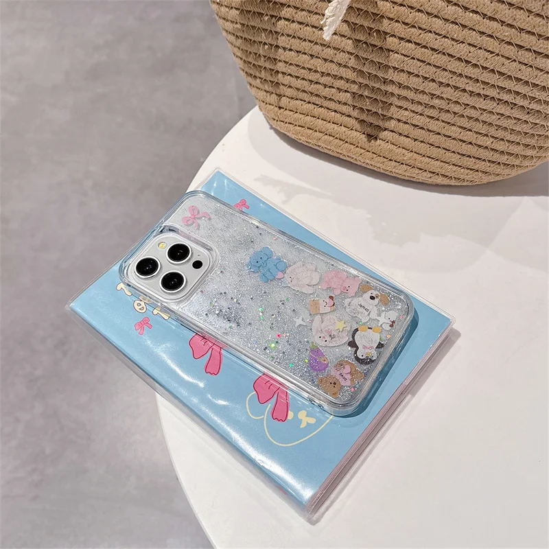 Cute Animals Floating Quicksand Case for iPhone 16 15 14 Pro Max Glitter Moving Sand Clear Hard Back Cover Shell Liquid Shields