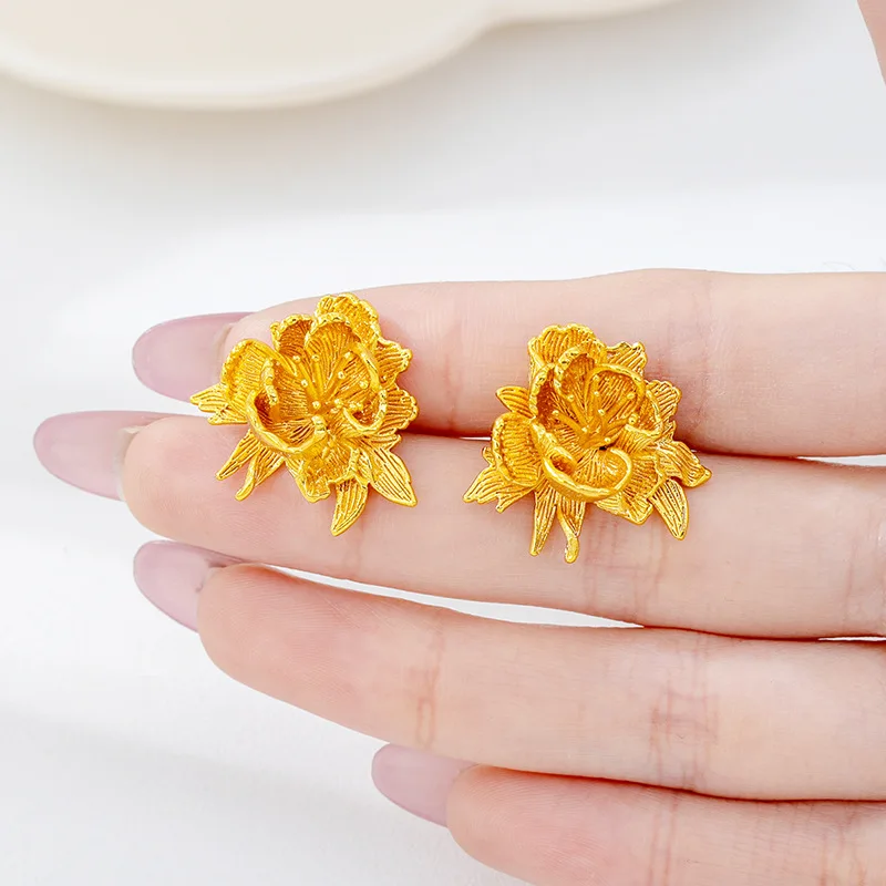 

Luxury 24K 9999 Pure Gold real gold Peony Flower Stud Earrings for Women