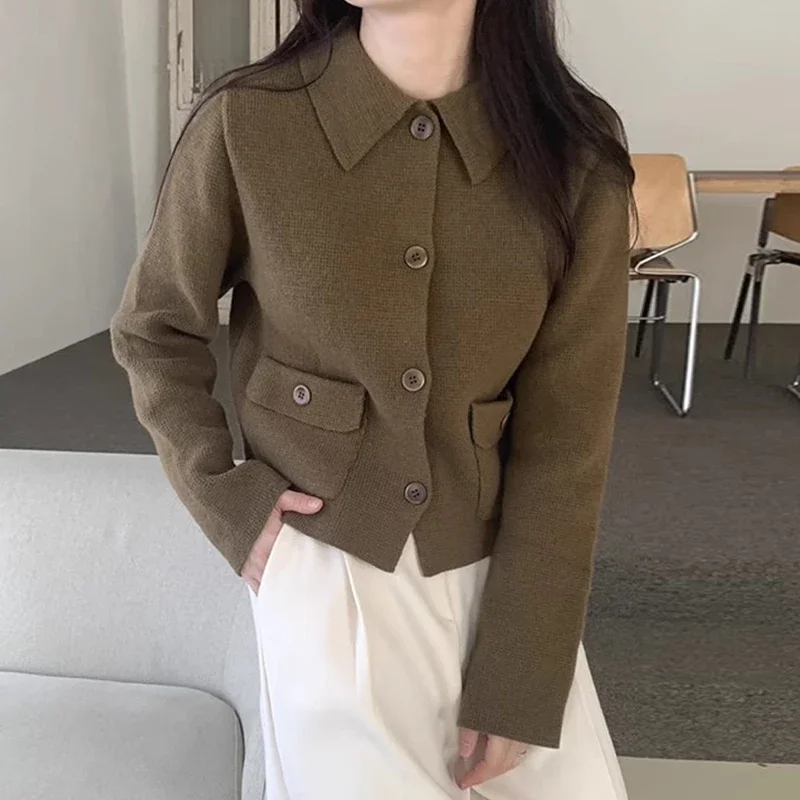 KUSAHIKI Korean Chic Autumn Winter Vintage Turn-down Collar Single Breasted Pockets Causal Knitted Cardigan Sweater Coat Women