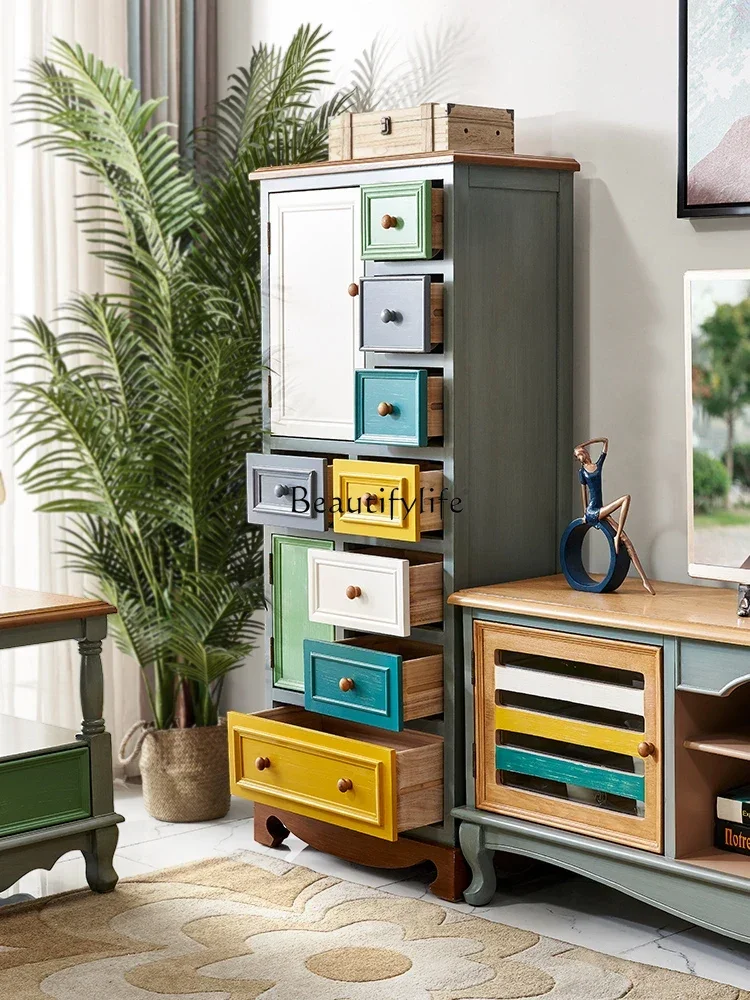 

01*American solid wood living room bedroom storage Mediterranean style drawer storage chest