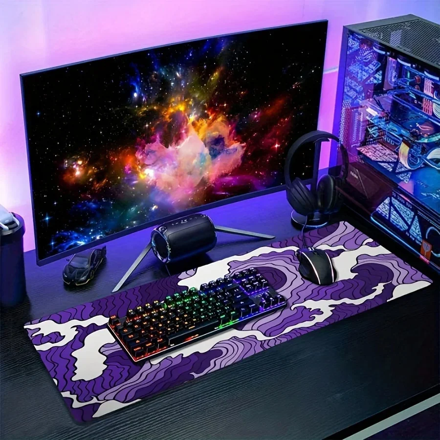 Purple Wave Gaming Mouse Pad XL Cartoon Ocean Texture Large Desk Mat Anti-Slip Rubber Stitched Edge Long Keyboard Pads Office PC