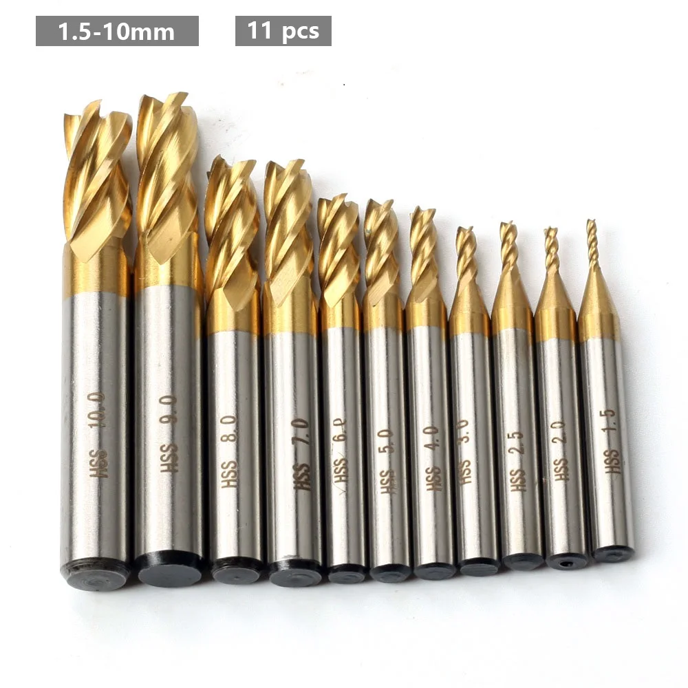 

1.5-6.0mm Milling Cutter Set 7pcs/11pcs Metric 4 Flutes Titanium High Speed Steel CNC Mill for Wood Metal Milling Cutting Tools