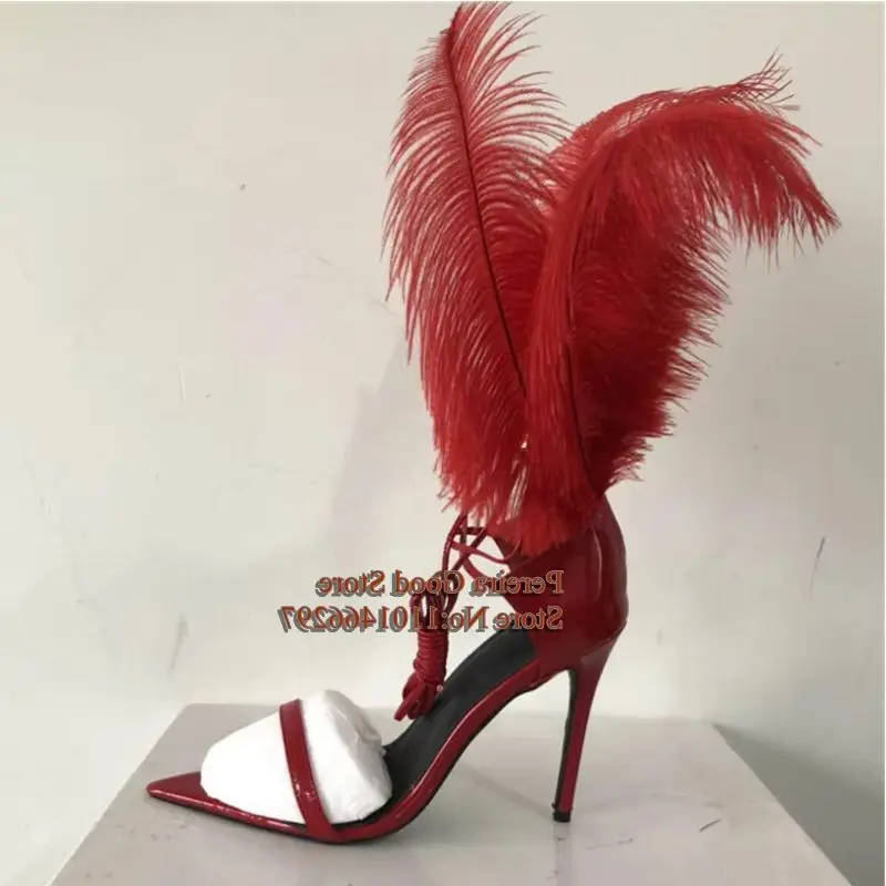 

Modern Feather Pointed Toe Lace Up Ankle Wrap High Heel Sandals Red White Pink Feather Cross Strap Female Dress Shoes