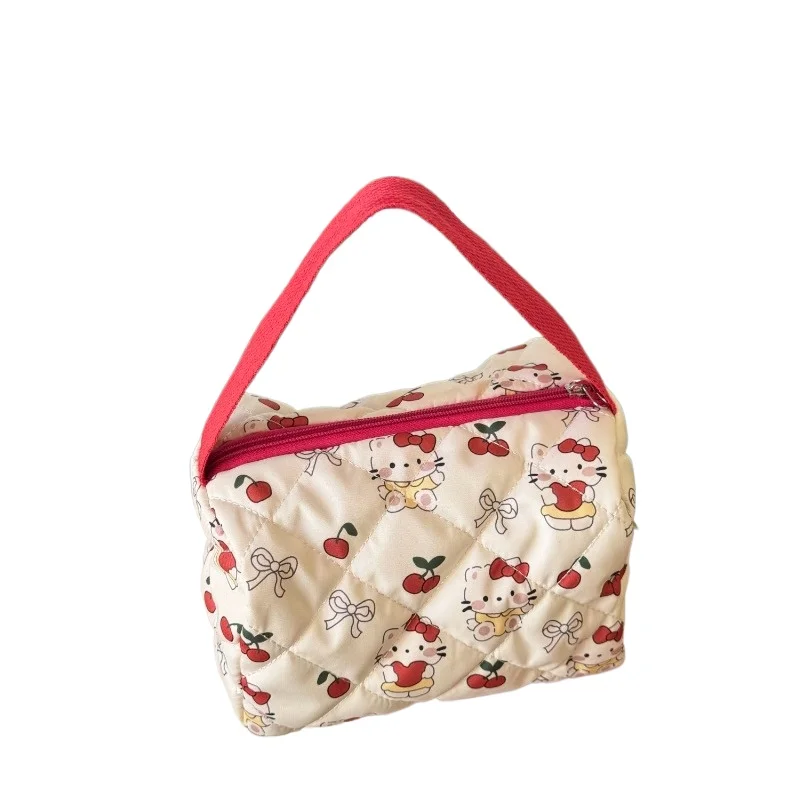 Hello Kitty Cherry Check Toiletry Bag Kawaii Sanrio Cute Cartoon Handbag Pink Sweet Makeup Bag Travel Portable Storage Gift