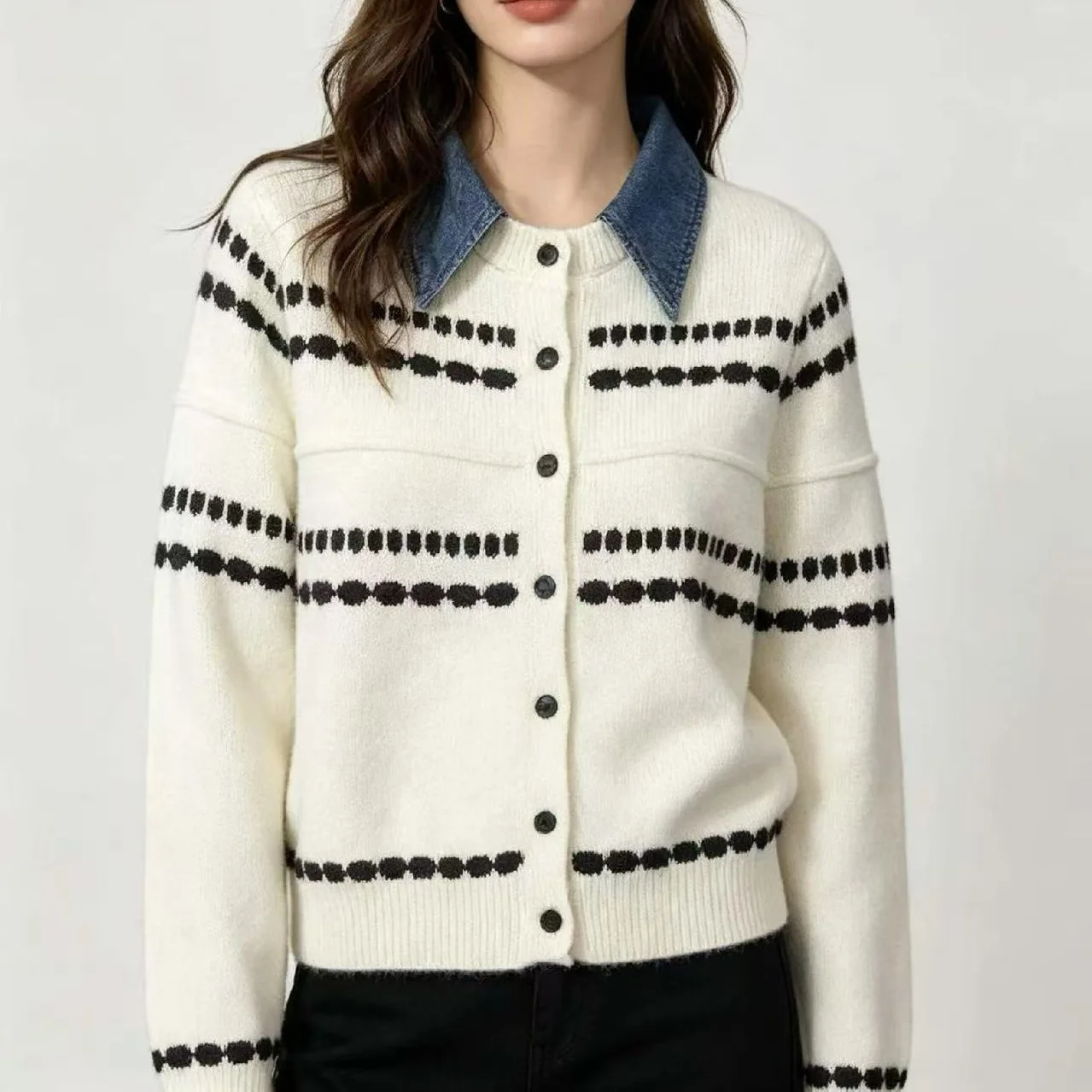 2026 New Striped Contrasting Color Shirt Collar Knitted Cardigan Women's Sweater Fake Two Pieces Loose Outer Wear 2