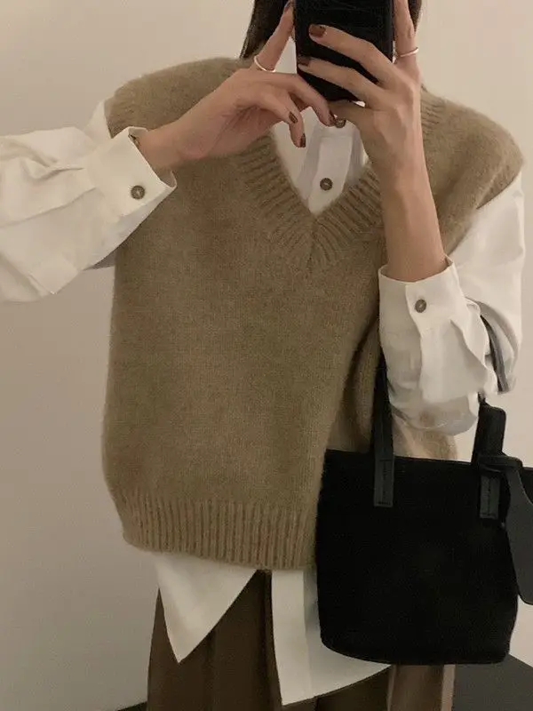 Women V-Neck Knit Office Sweater Vest Loose Casual Pullovers Vest Bottoming Solid Sweater Vest For Women 2024 Fall Winter